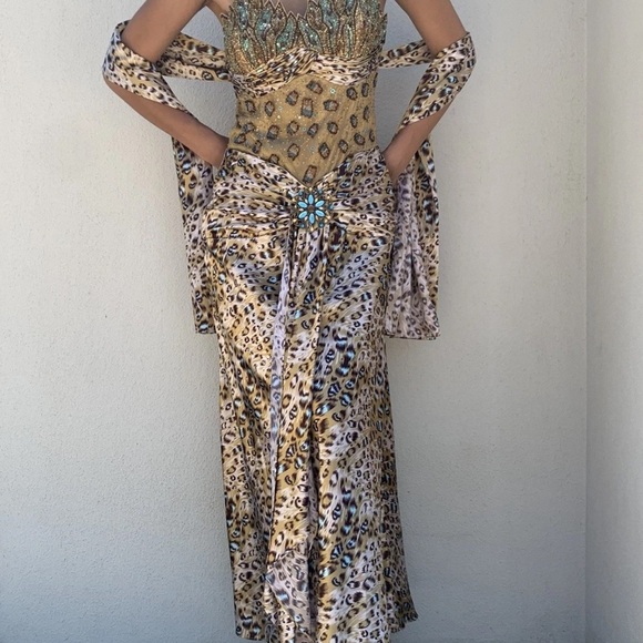 Y2K Vintage Aspeed USA Leopard Print Turquoise Accent Beaded A Line Gown size L - Picture 1 of 16